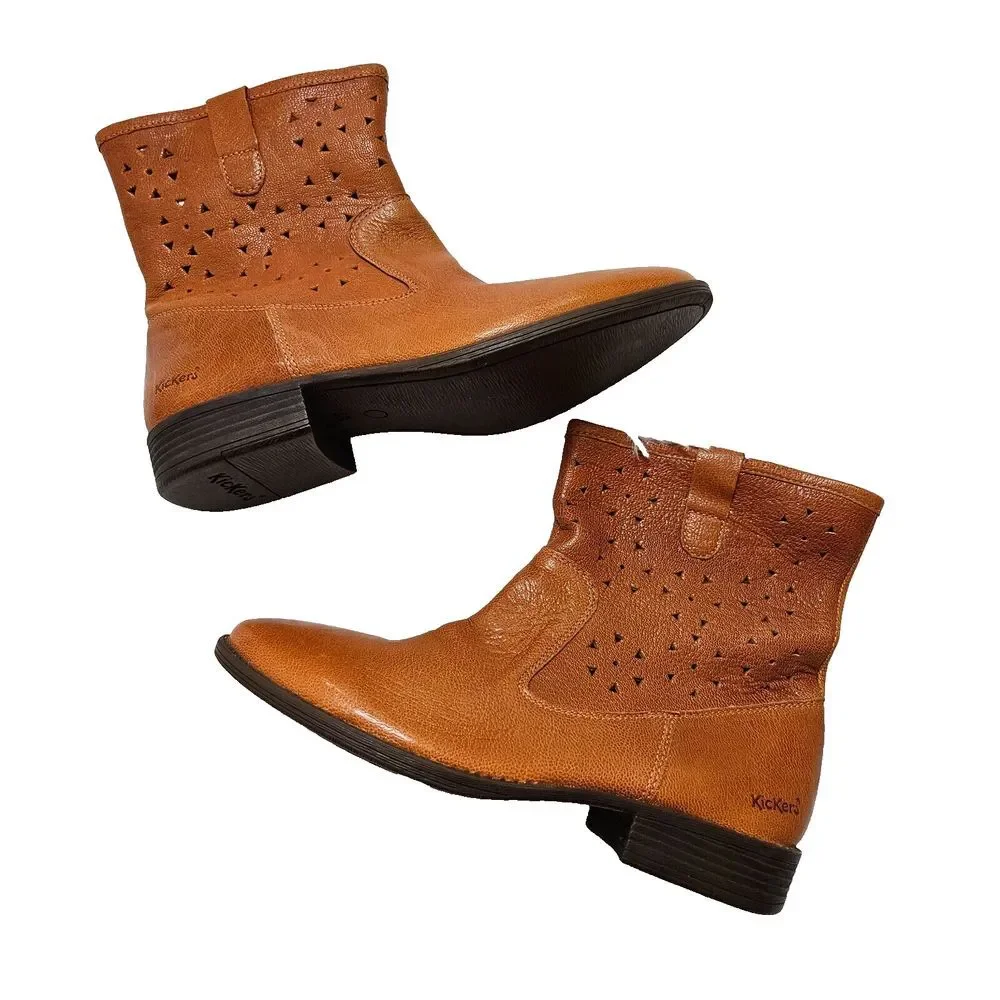NWOB Kickers‎ Women's Roundy Orange Laser Cut Leather Ankle Boots Sz 38/US 7